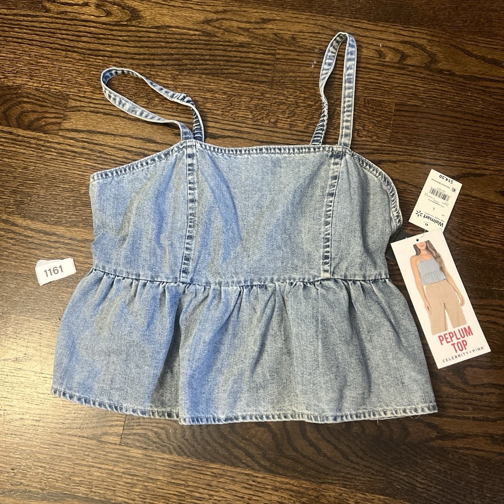 Celebrity Pink Sleeveless Denim Peplum Top for Women Size L SL Denim Babydoll